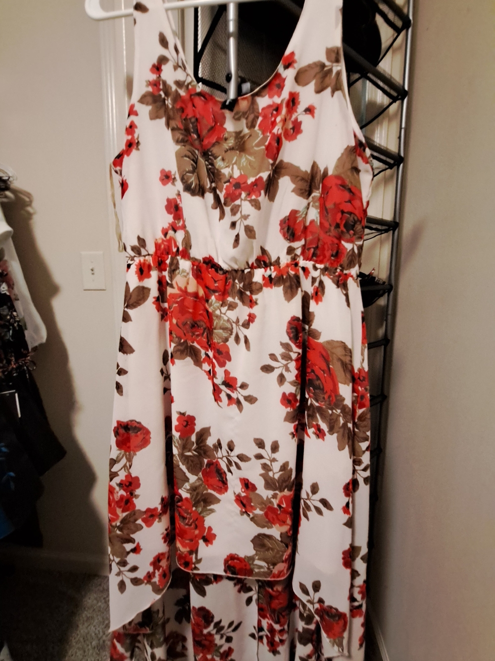feathers White High-Low Maxi Dress with Red and Brown Floral Print